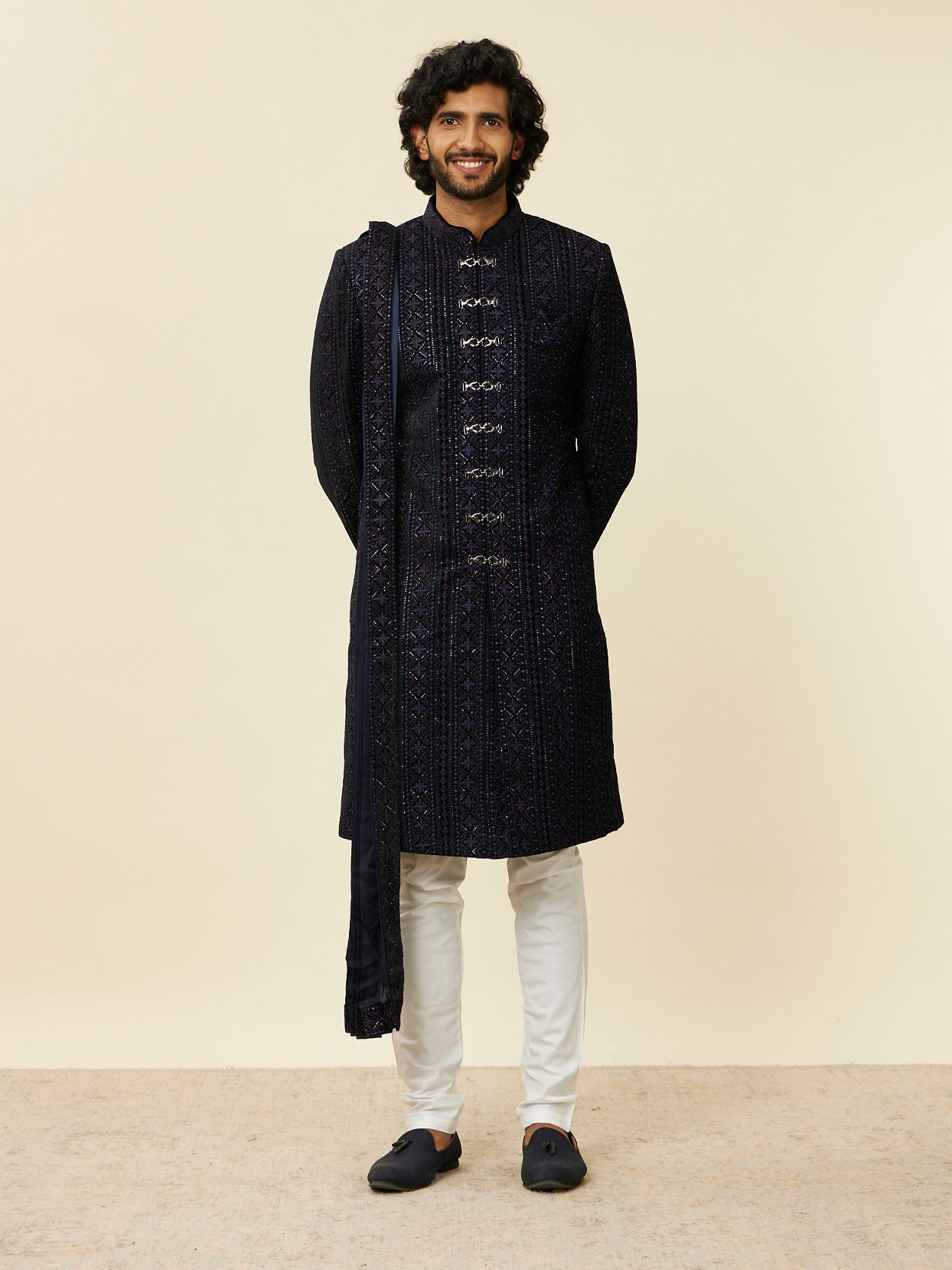 alt message - Manyavar Men Dark Blue Sequined Sherwani Set image number 2